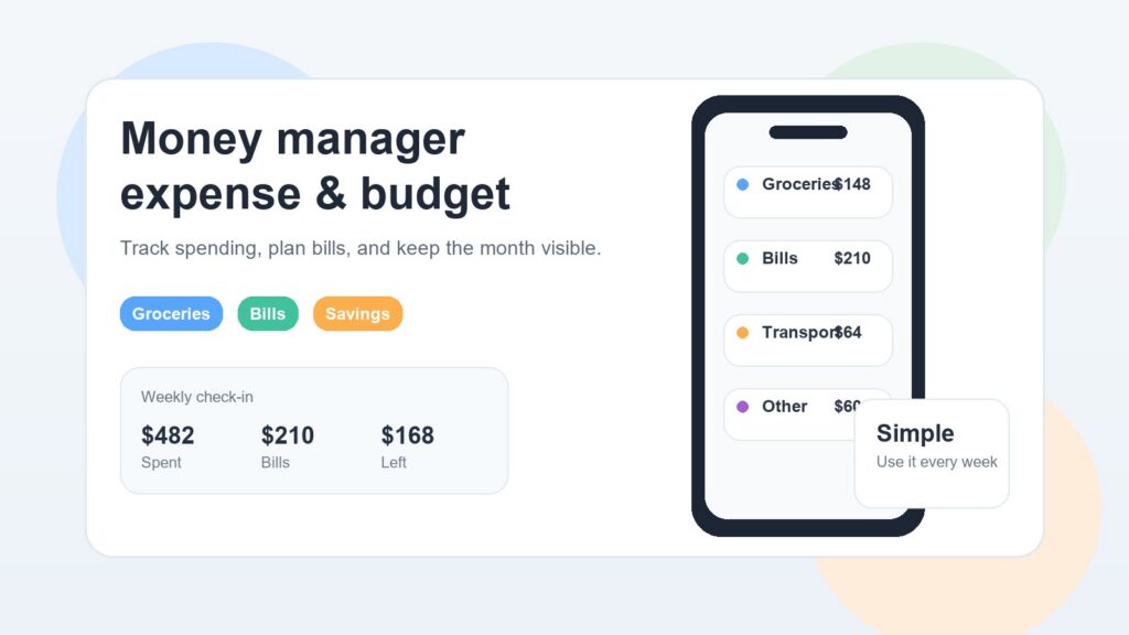 money manager expense & budget app used to review bills and everyday spending on a smartphone.