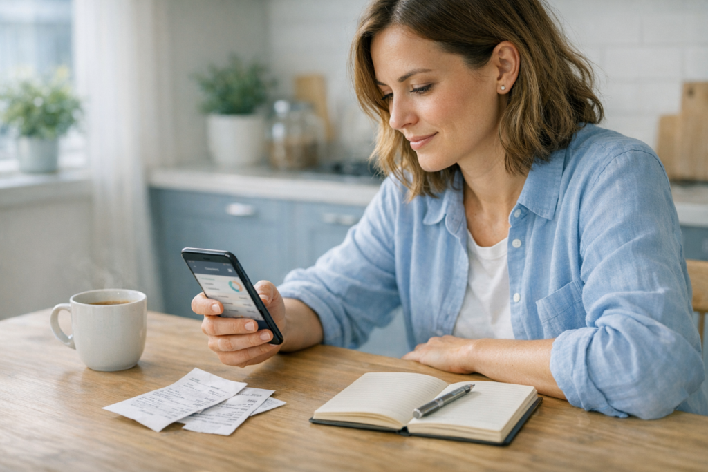 Person using a spending app on a smartphone at a kitchen table while reviewing everyday expenses.
