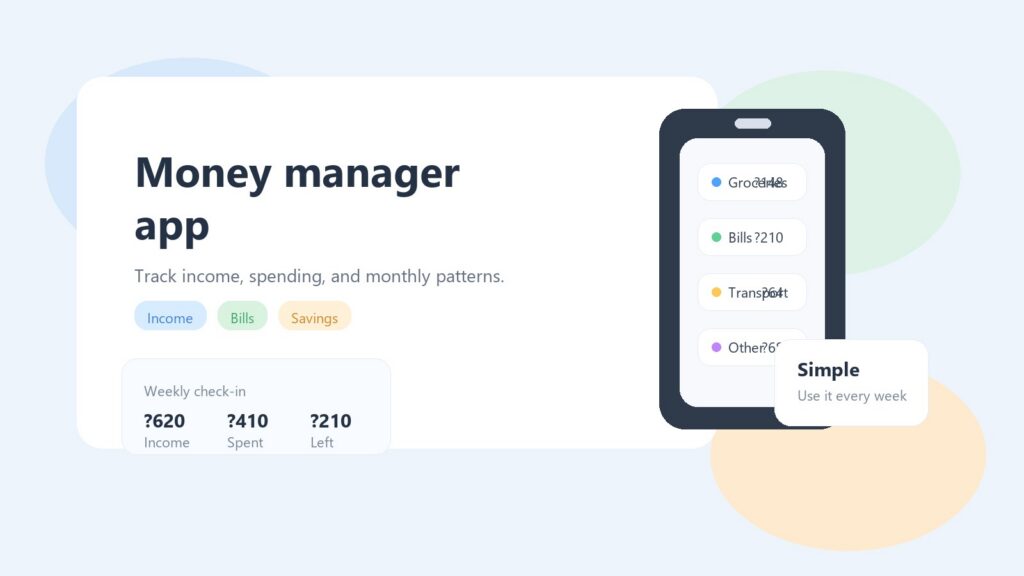 money manager app used to track daily spending on a phone with simple budget notes nearby.